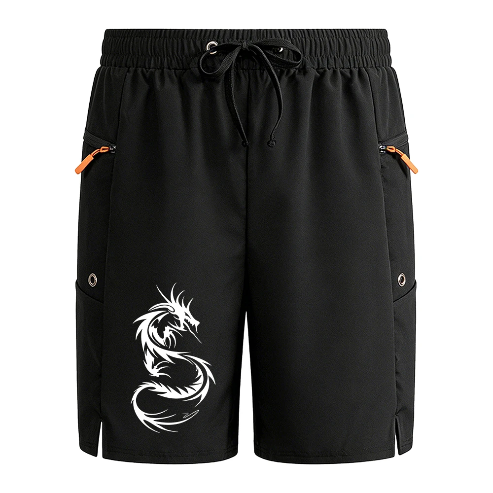 

Мужские черные повседневные шорты для бега, уличные шорты для фитнеса и пешего туризма с карманами на молнии, шнурком на талии, костяной дракон, графический принт
