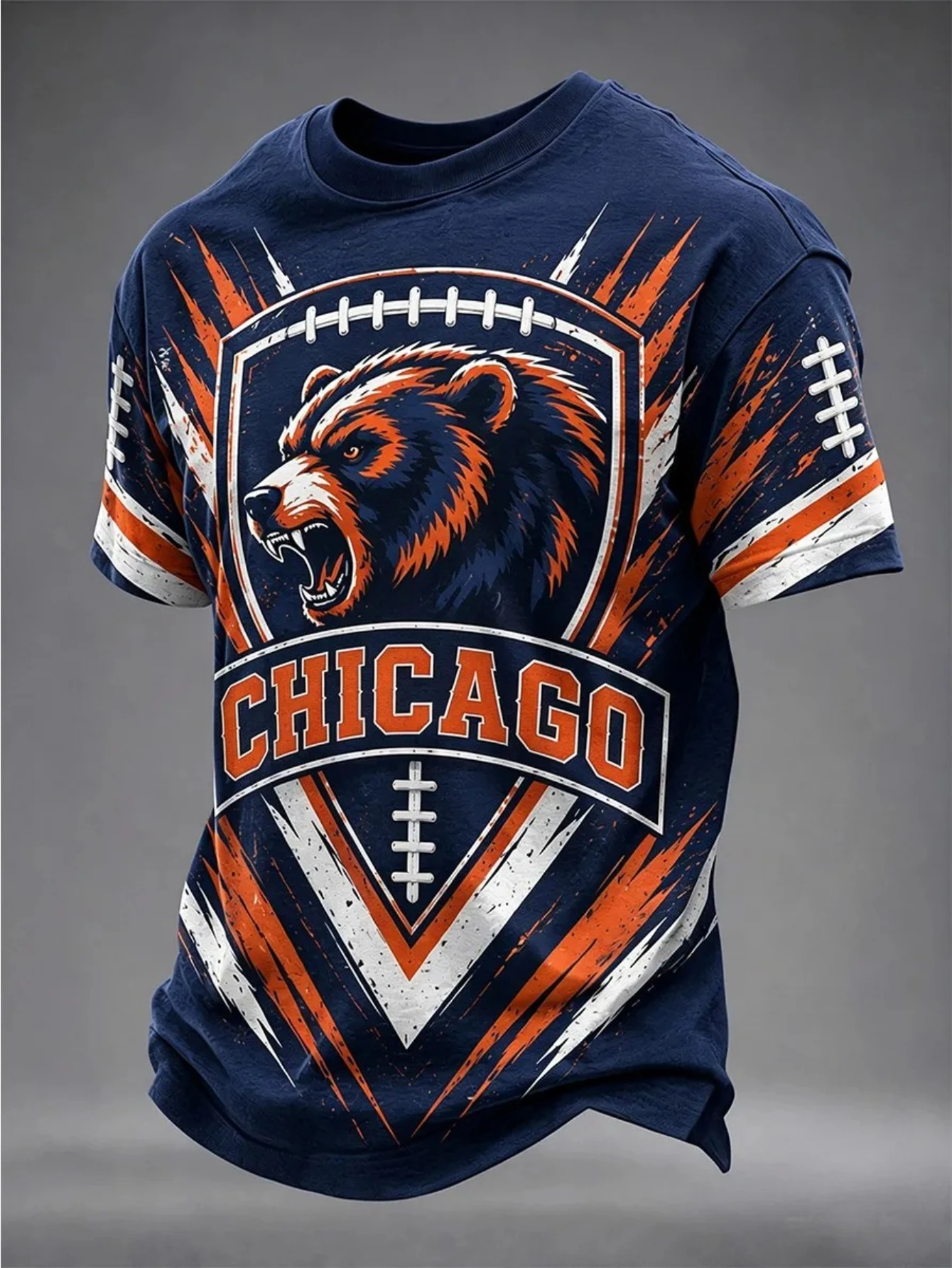 Men's navy blue crew neck striped sleeve t-shirt with bear and rugby print, casual and stylish sporty short sleeve.