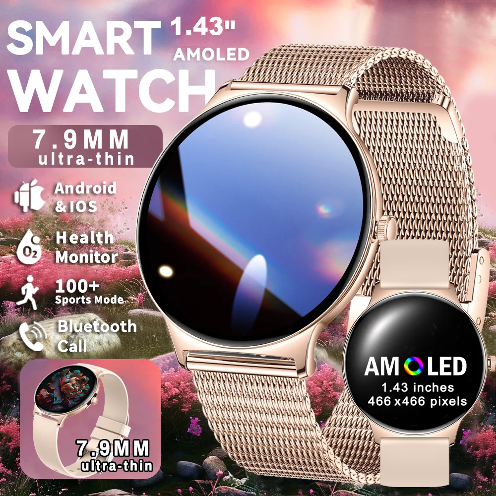 

Fashion 7.9MM Ultra Thin Smart Watch Women Gift 1.43"AMOLED HD Display Always Show Time Heart Rate Waterproof BT Call Smartwatch