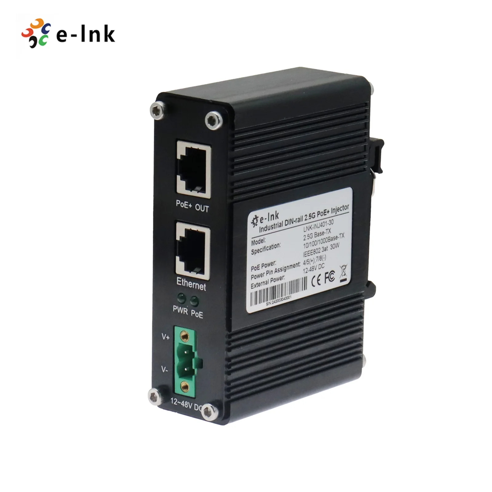 Outdoor PoE Injector 802.3at 30W 2.5G Din Rail Industrial Power Ethernet Injector 12~48V DC Input with Booster Function