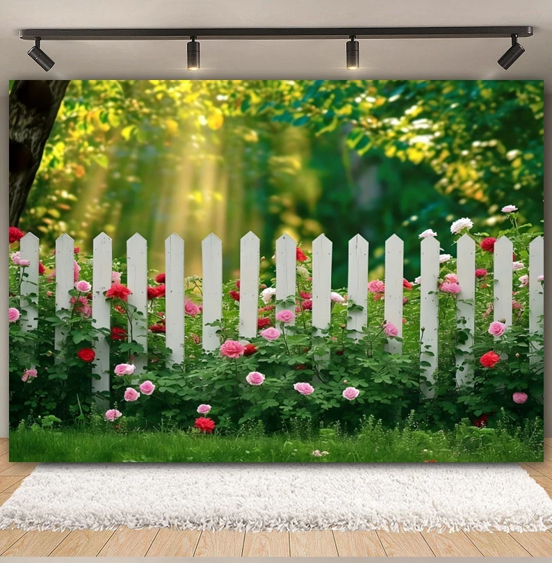 Spring Natural Scene Photography Backdrop Garden Flower Green Grass Floral Fence Kids Portrait Easter Background Photo Studio