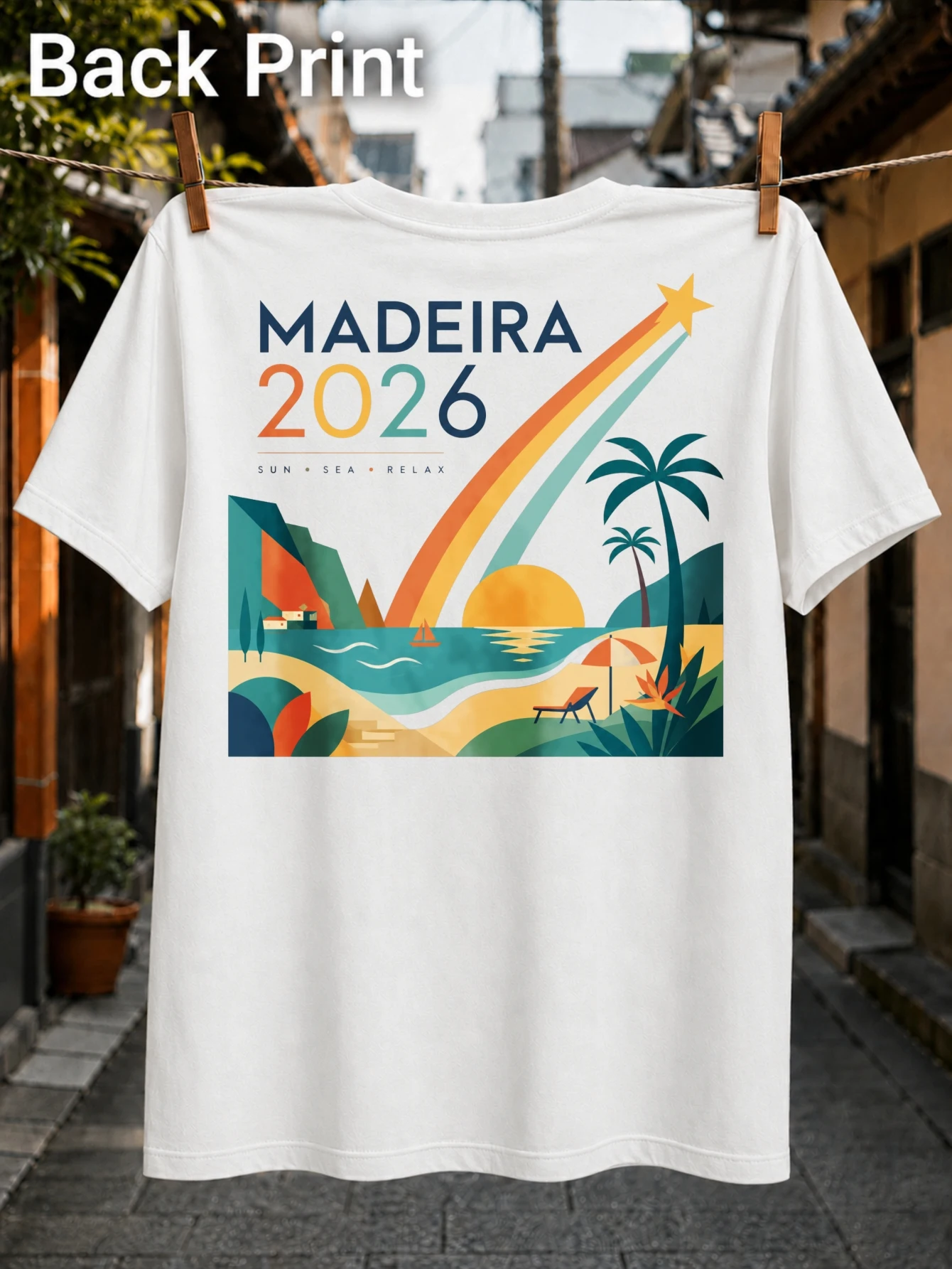 Madeira 2026 Sun Sea Relax beach palms sunset rainbow trail and coastal scenery retro geometric  Unisex All T-Shirt