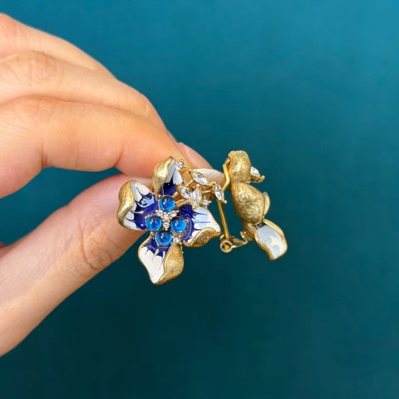 Vintage 3D Orchid Blue Rhinestone Lotus Studs Earrings For Woman Festival Gold Plated Brand High Quality Gift 2026 Trends New