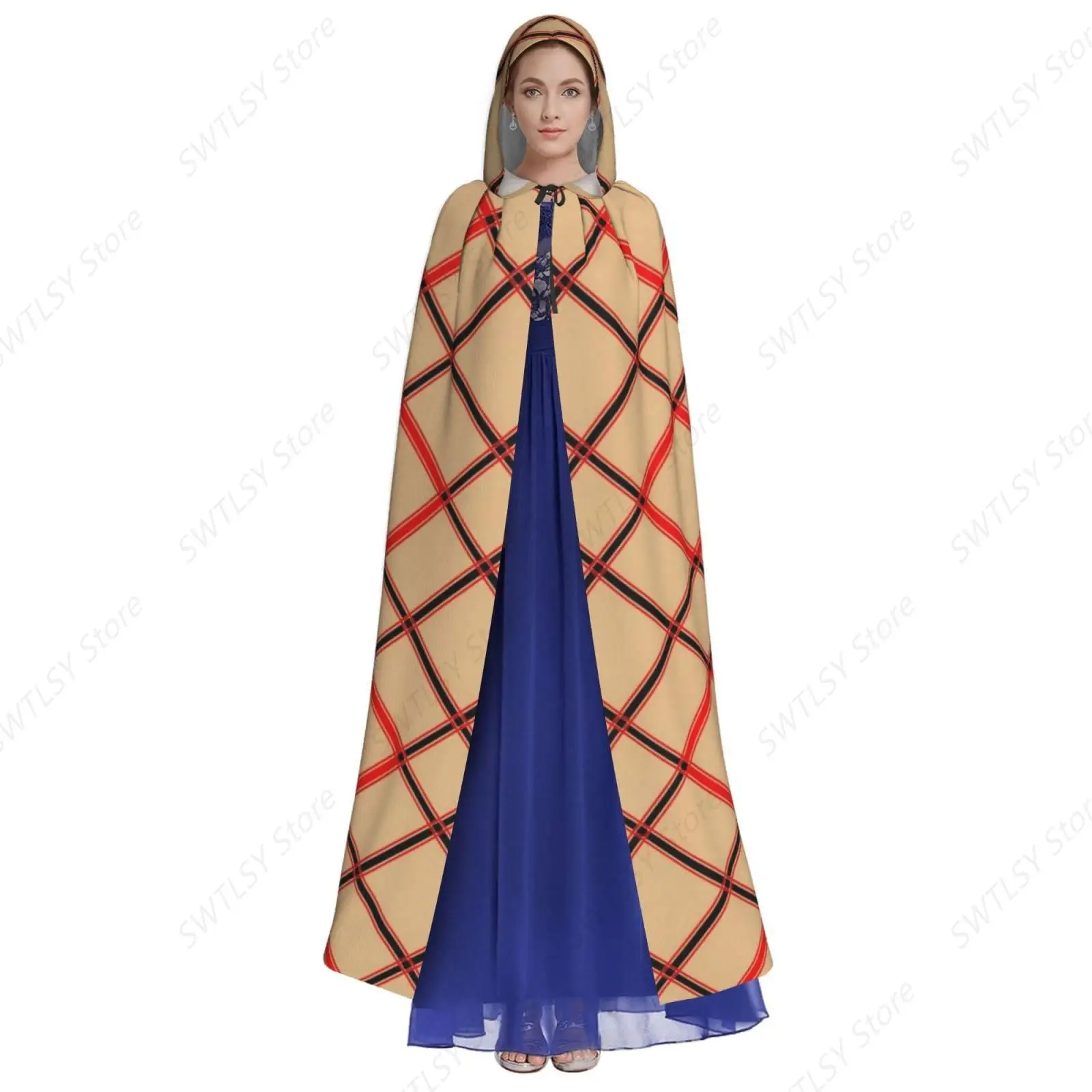 Wizard Cape Hooded Cloak Halloween Costume Compatible with Black Red Beige And White Plaid Tartan for Women Men Cosplay Party