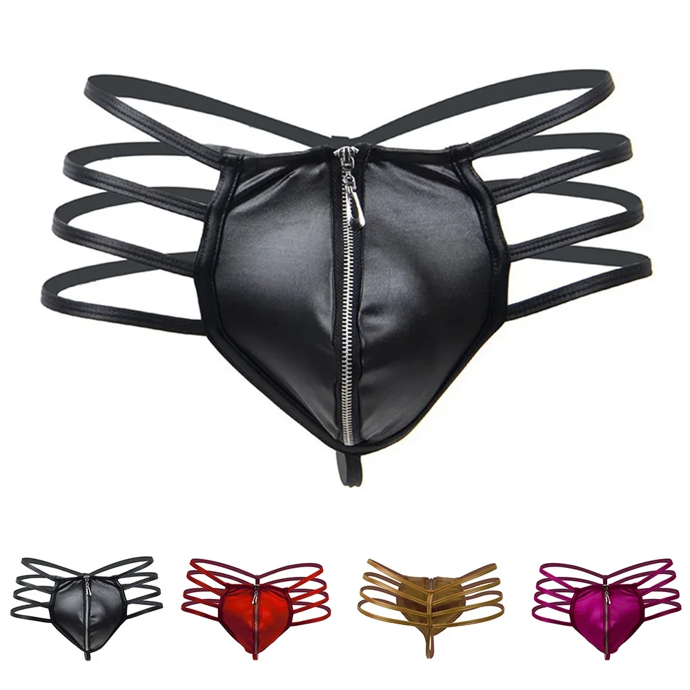 

Мужское сексуальное нижнее белье на молнии с открытой промежностью, стринги из искусственной кожи, бандаж для геев, трусики для геев, полые эротическое белье