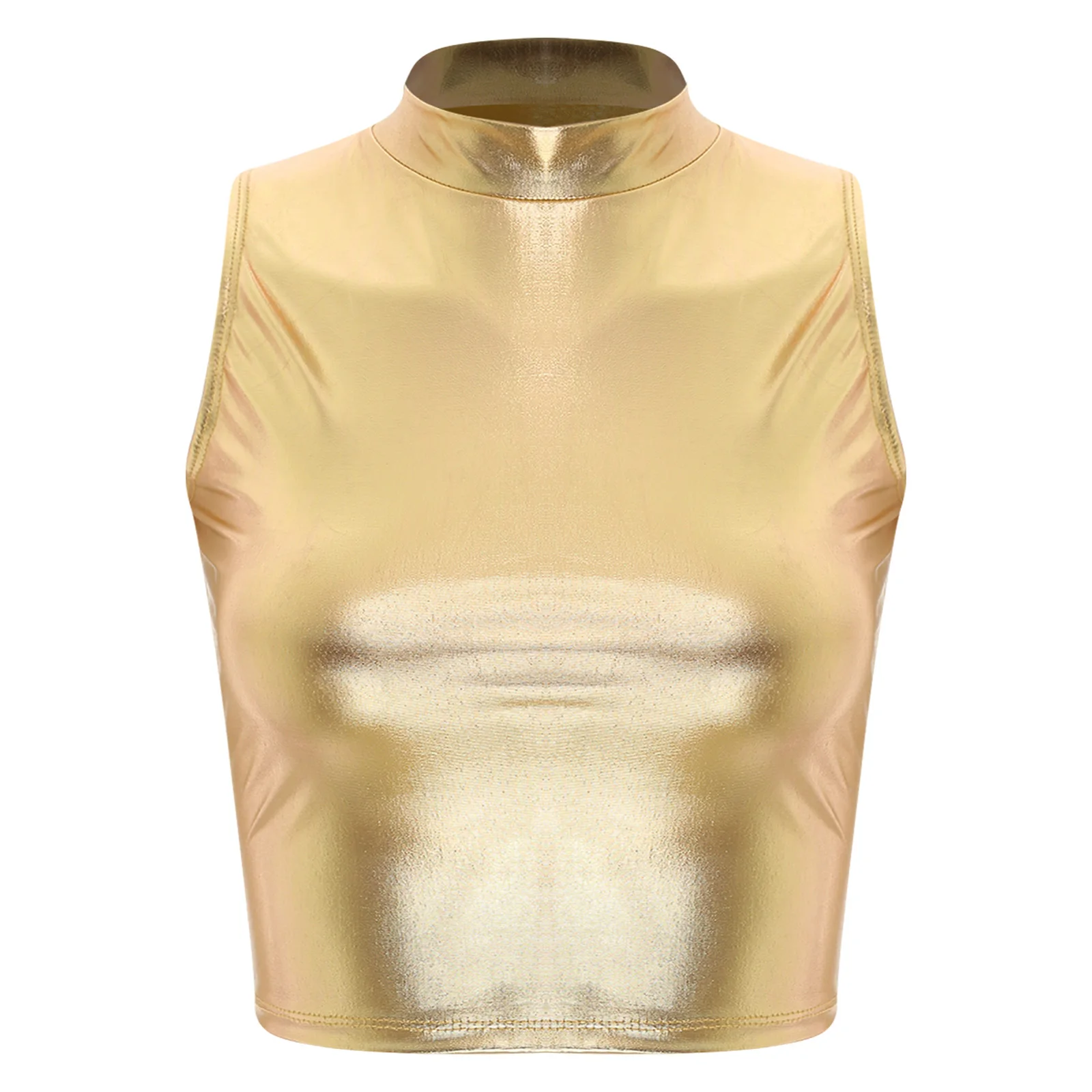 

Women Adults Fashion Wet Look Faux Leather Sleeveless Crop Tank Tops Vest Metallic Fashion Punk Musical Party Dance Vest Tops