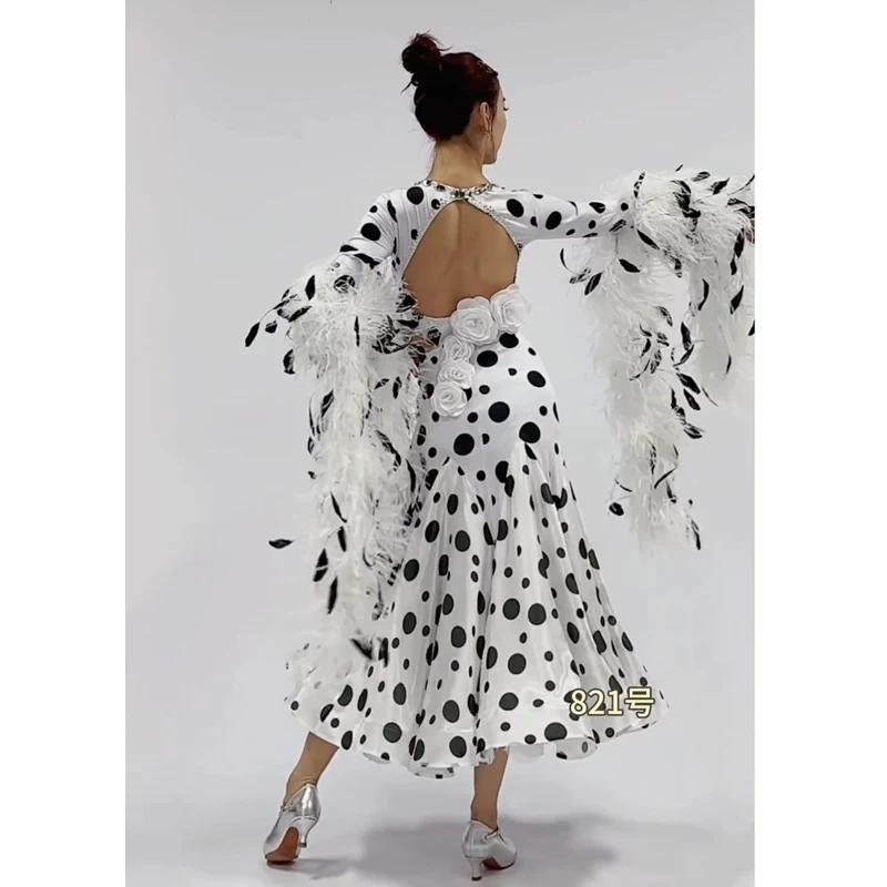 New Ballroom Dance Competition Feather Dress Polka Dot Long Dress Women Club Prom Performance Wear Waltz Dance Dresses BL15994