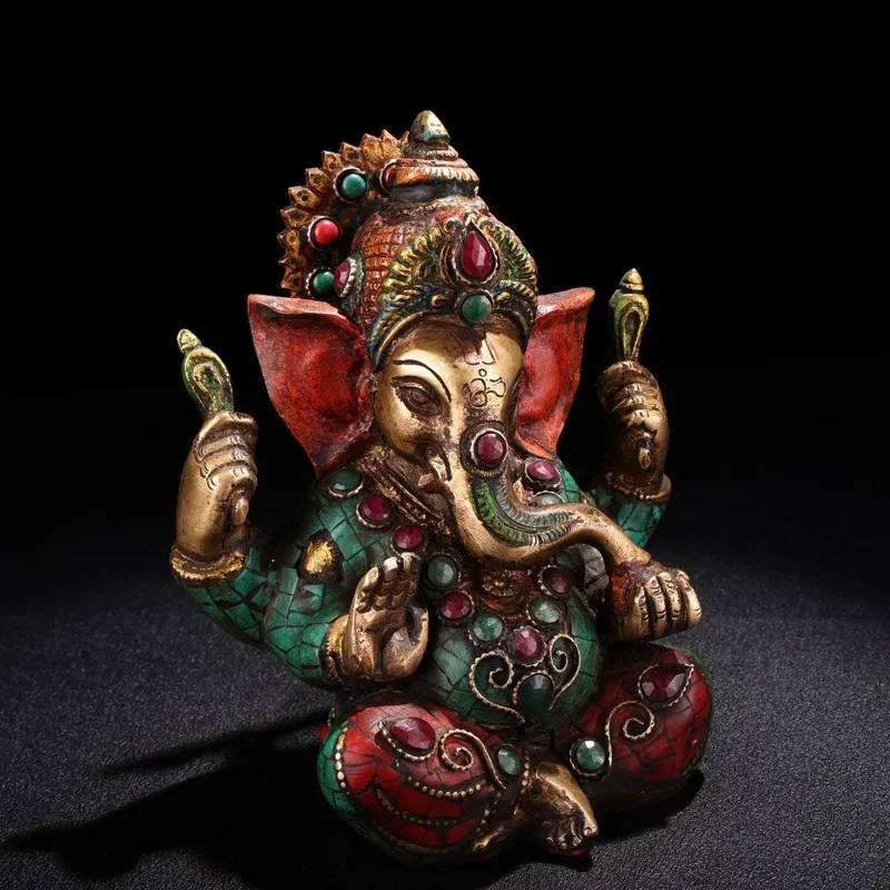 -style bronze statue of the God of Wealth elephant trunk, inlaid gemstones, painted with gold, antique collecti