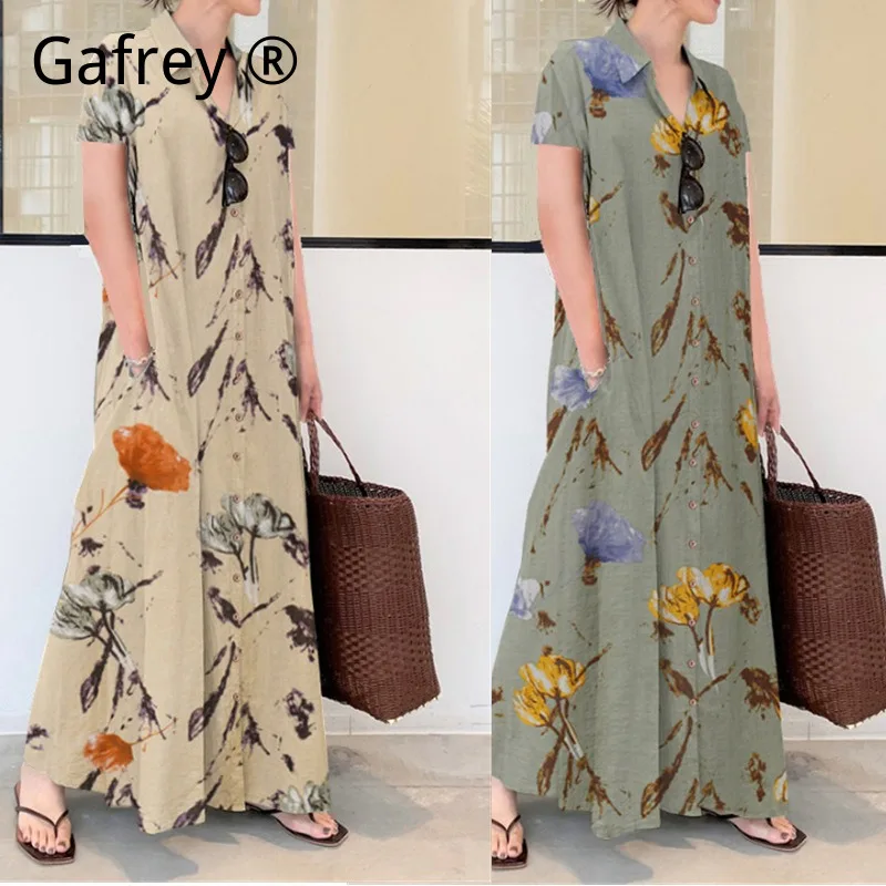 

Women’s Plus Size 5XL 4XL XL Linen Cotton Solid Color Shirt Dress, Lapel Collar Short Sleeve Patch Pockets Loose Fit Maxi Casual