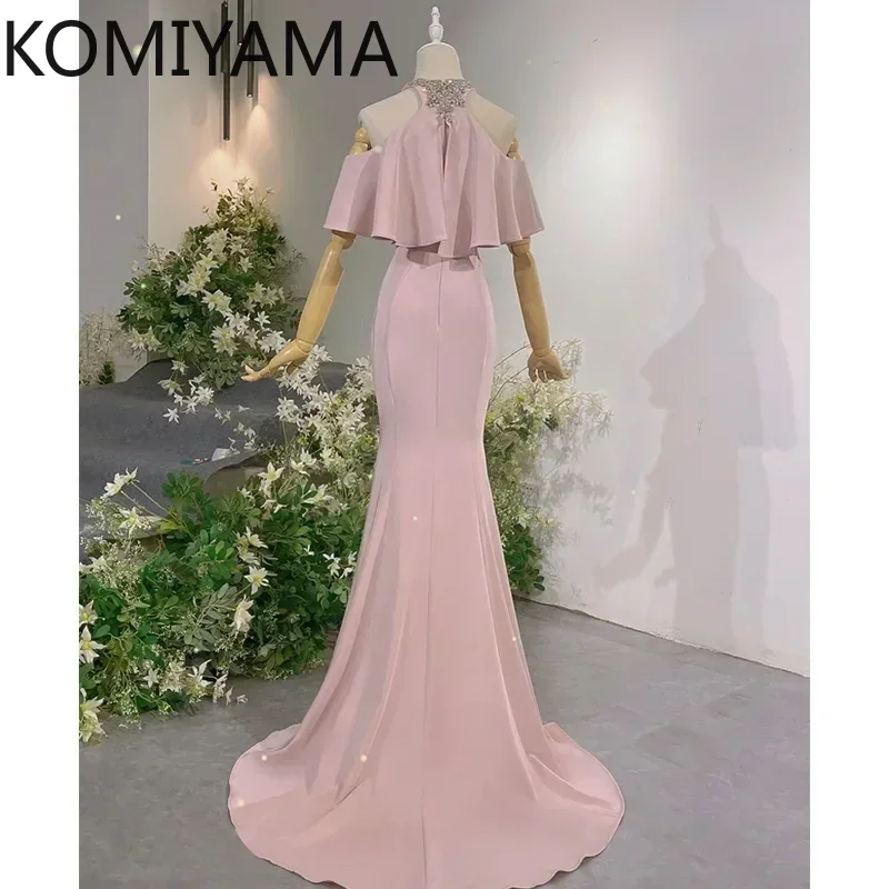 Customized O-neck Beading Design Simple Slim Waist Elegant Wedding Party Dresses Ruffles Shoulder Strapless Prom Dress Trumpet E