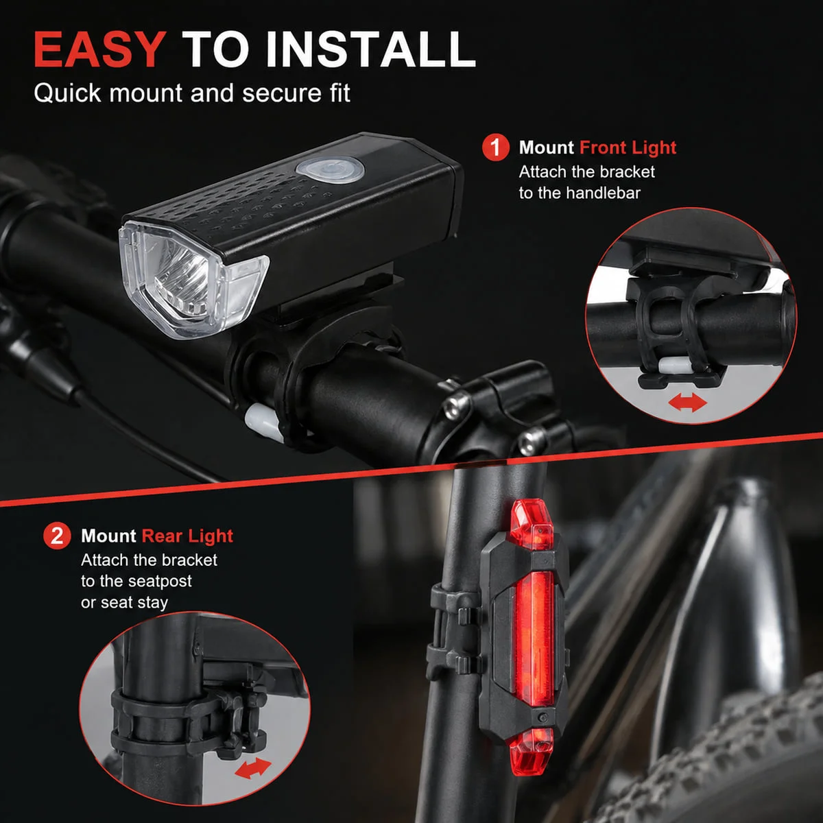 PINMOAP USB Rechargeable Bike Front and Rear Light Set Detachable Safety Warning Lamp for MTB Road Night Riding gallery 5