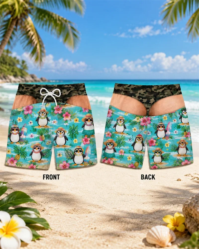 Hilarious Gag Men Beach Shorts Beach Penguin Floral Print Fake Underwear Design Board Shorts for Beach Pool Party Costume