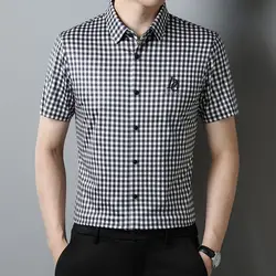 Summer T Shirt for Men Short Sleeve Turn-down Collar Slim Fashion Embroidery Letter Plaid Button Vintage Casual Tops