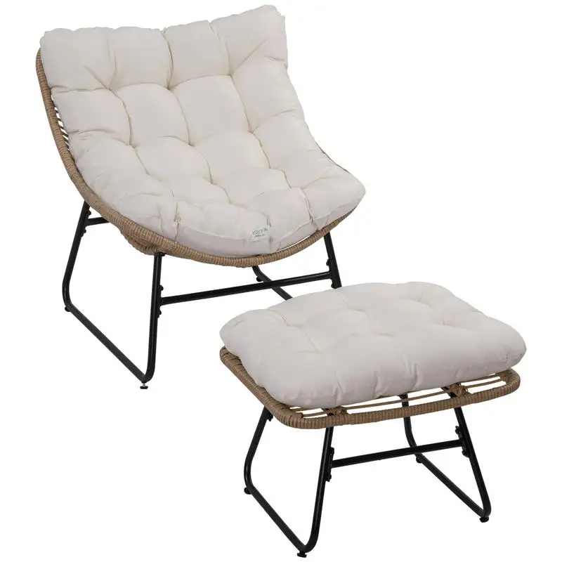 Fauteuil de jardin avec repose-pieds en métal époxy et résine tressée aspect rotin avec coussins moelleux - naturel