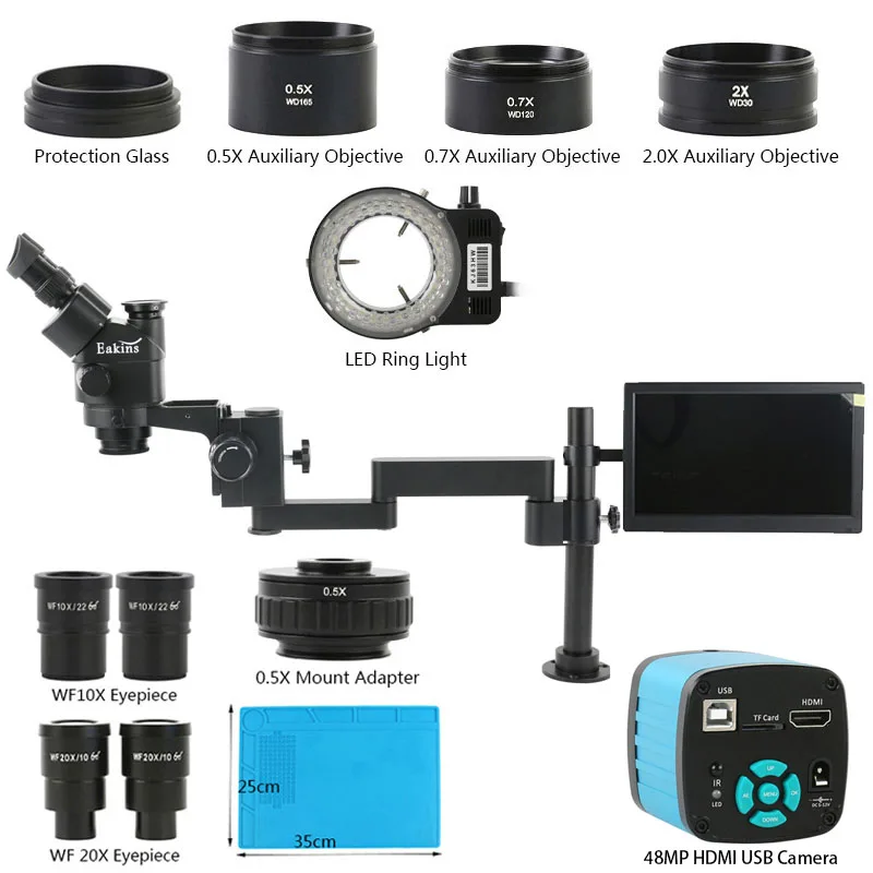 Simul Focal Trinocular Stereo Microscope 3.5X 7X 45X 90X 1080p HDMI VGA Video Camera 11.6 LCD Display Folding desktop Stand Set