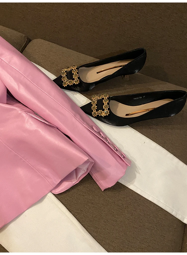 Lautaro Spring Stylish Short Pink Soft Pu Leather Blazer Long Sleeve Slim Fit Luxury Jackets for Women 2022 Elegant Fashion 5xl