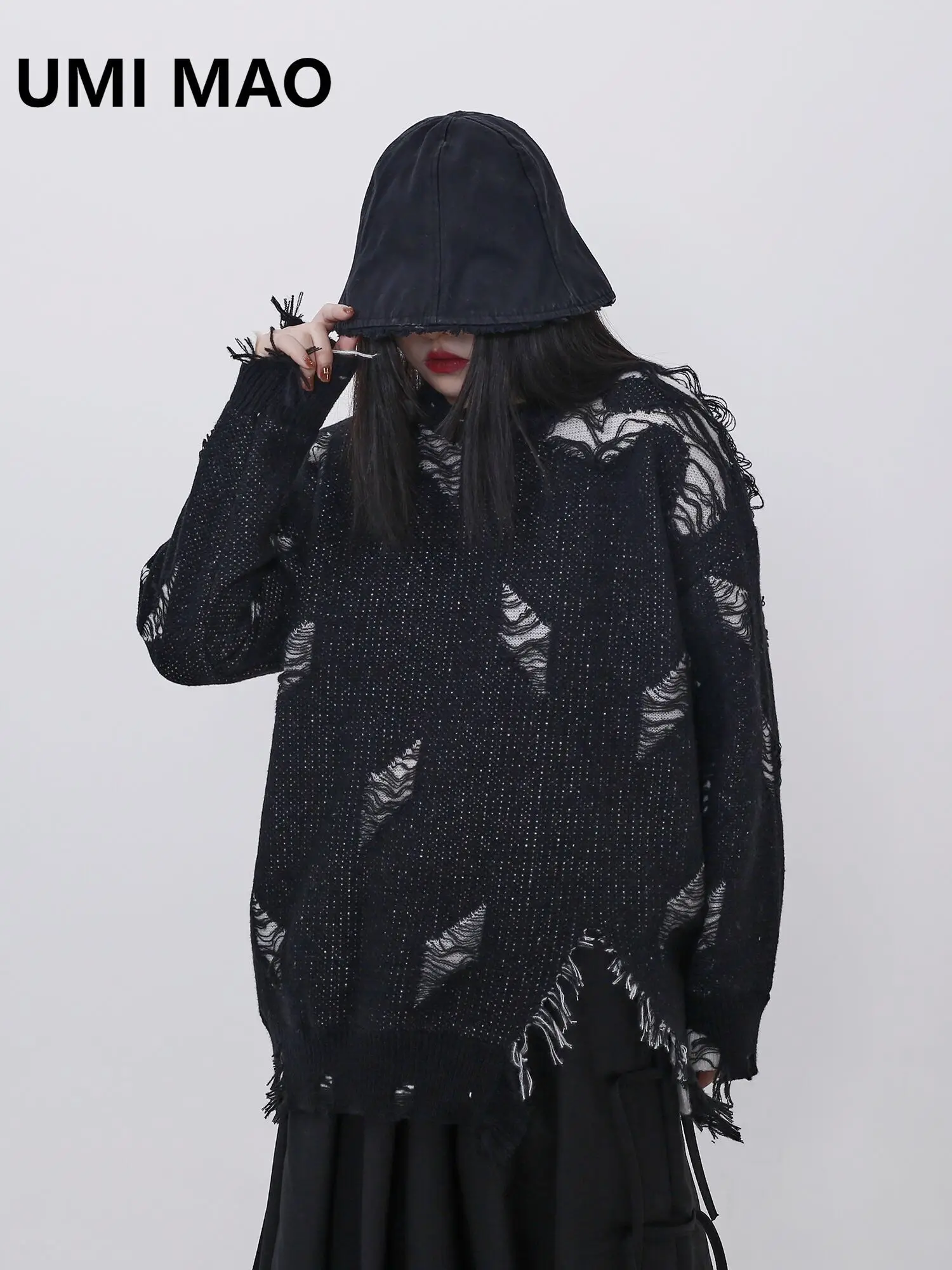 

UMI MAO Sweater Autumn Winter New Broken Holes Fake Two Piece Design A Wasteland Style Small Popular Top Femme Y2K