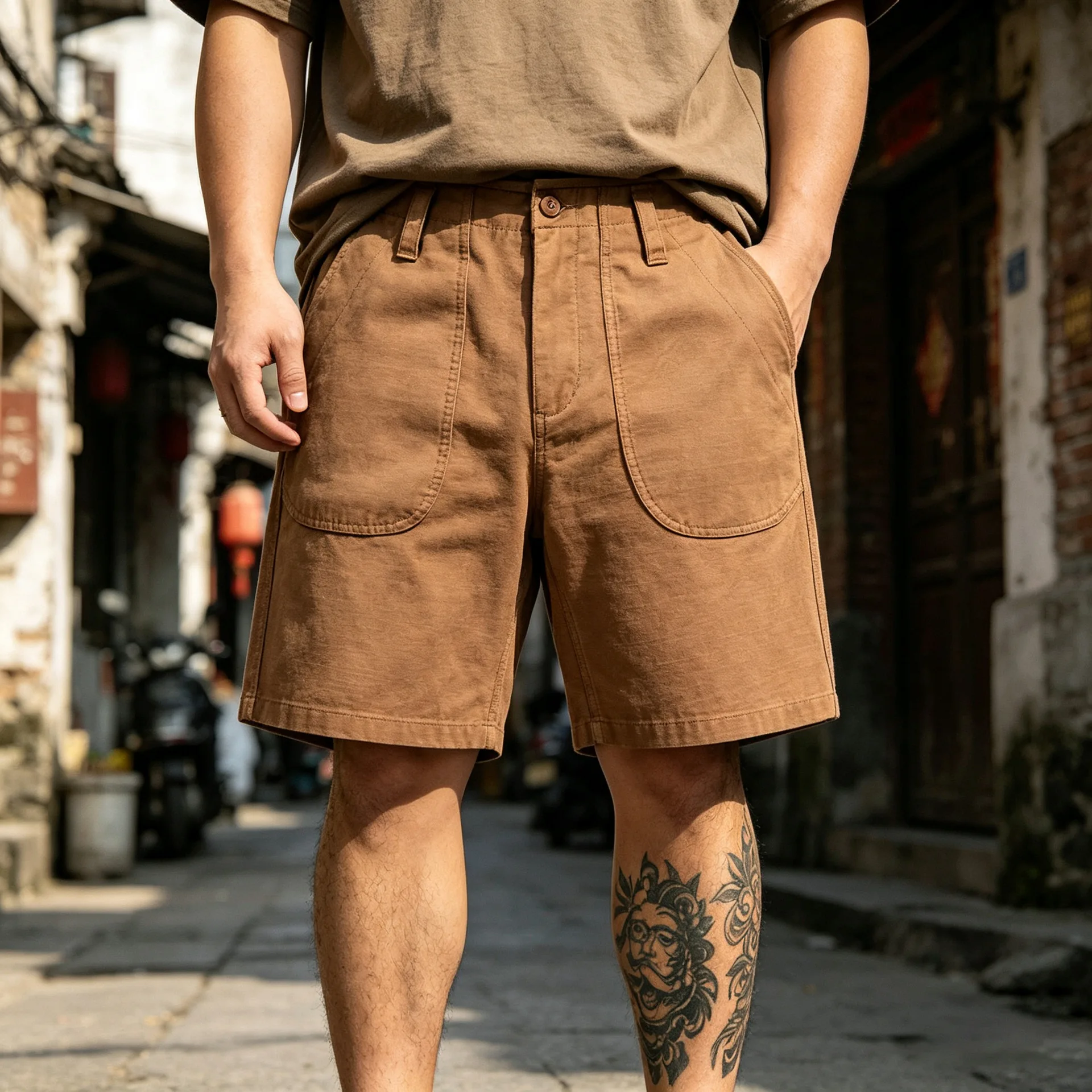 

OKONKWO Military Retro A-2 Deck Trousers, Satin Five-Point Shorts, Work Shorts