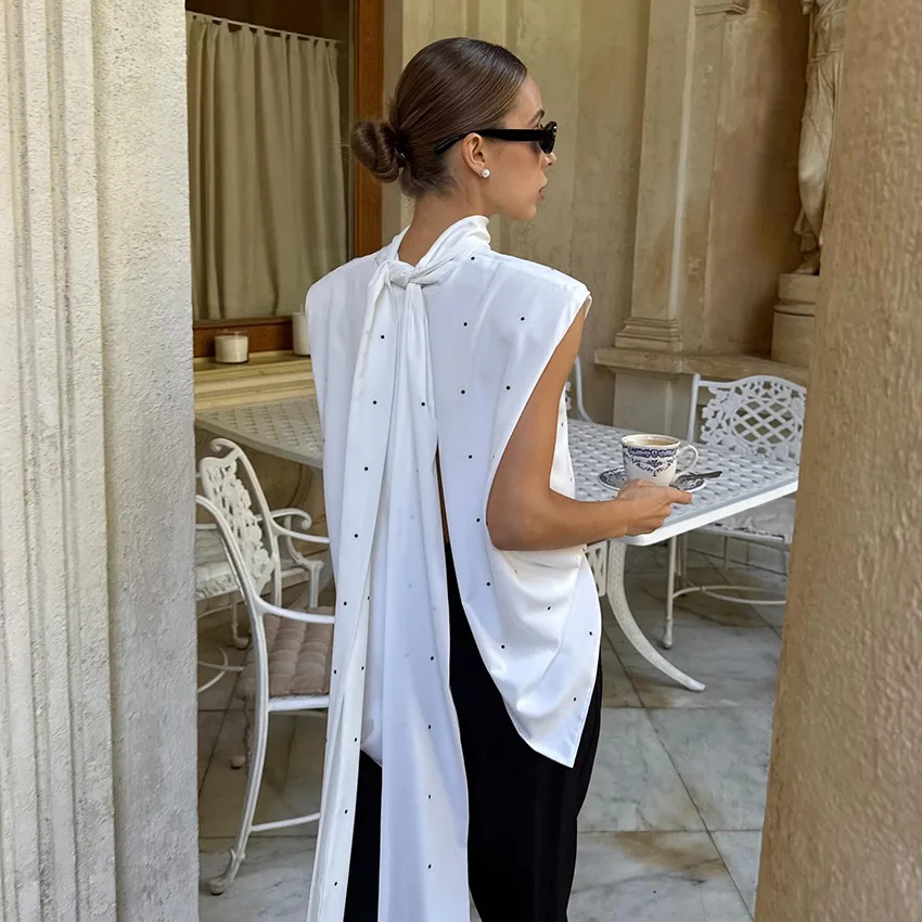 

Модная элегантная футболка DSMTRC для женщин с принтом в горошек, на шнуровке, с открытой спиной и разрезом, летняя одежда, топы без рукавов