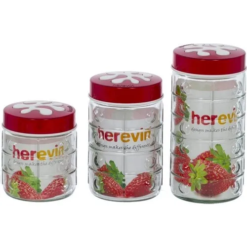 Herevin Three Sizes Button Glass Jar Red