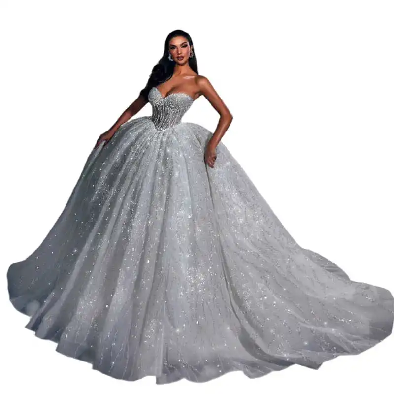 Vestido de novia lujoso sin tirantes con perlas, vestido de baile elegante con cuentas y lentejuelas, vestido de novia personalizado con tren de barrido, vestidos de novia
