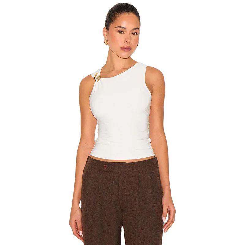 숄더 슬림핏 니트 베스트, 더블 숄더 대각선 칼라 니트 여성 패션 여름 탱크탑, 중국 브랜드