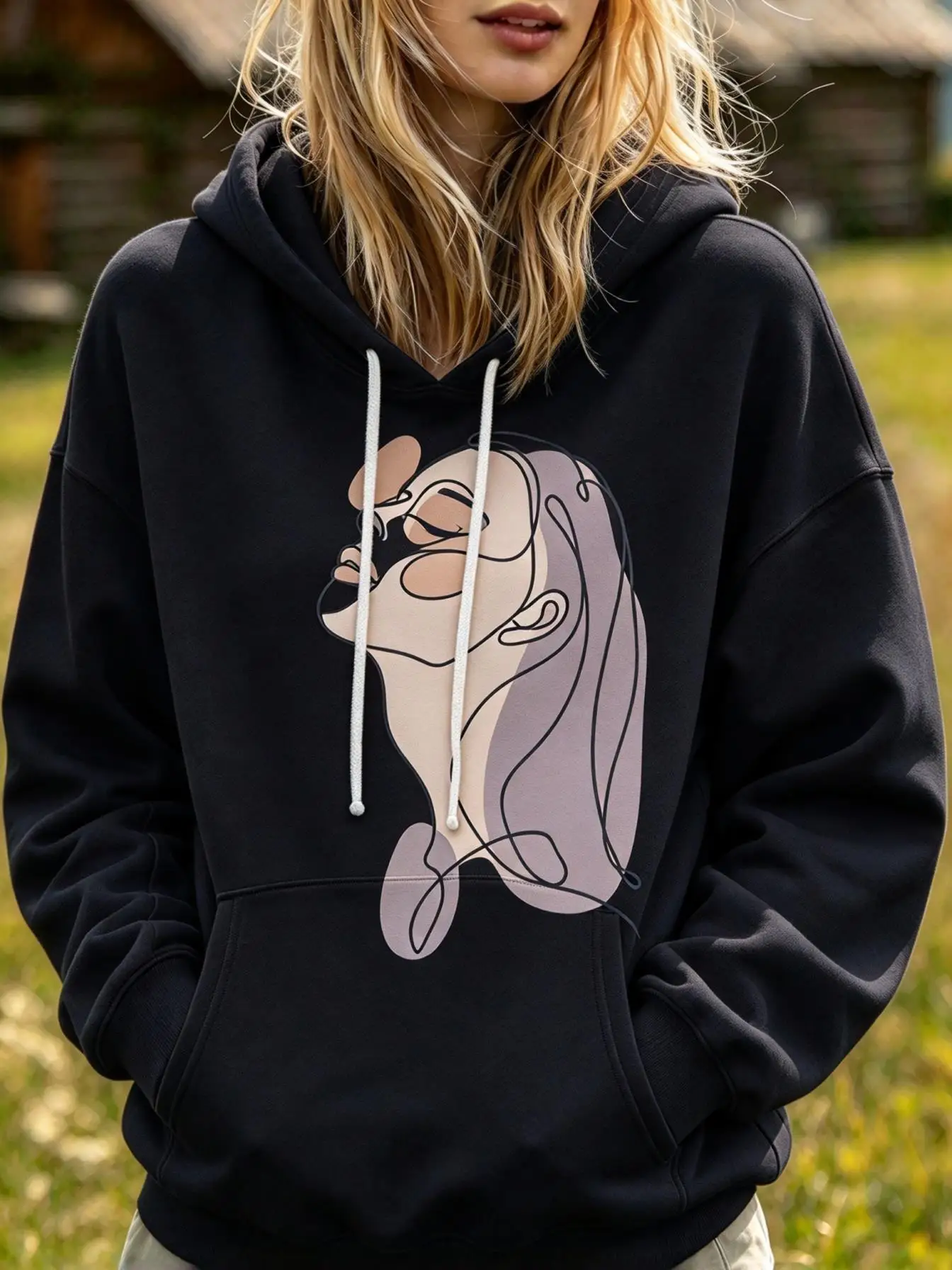 Abstract One Line Woman Face Fleece Hoodie Women, Minimalist Art Portrait Print Hooded Sweatshirt