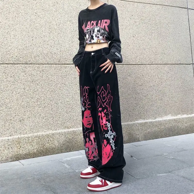 Jeans Printing Hip Hop Y2K Women Black Streetwear Fashion Spring Autumn Oversize Pants Vintage Loose Straight Trousers