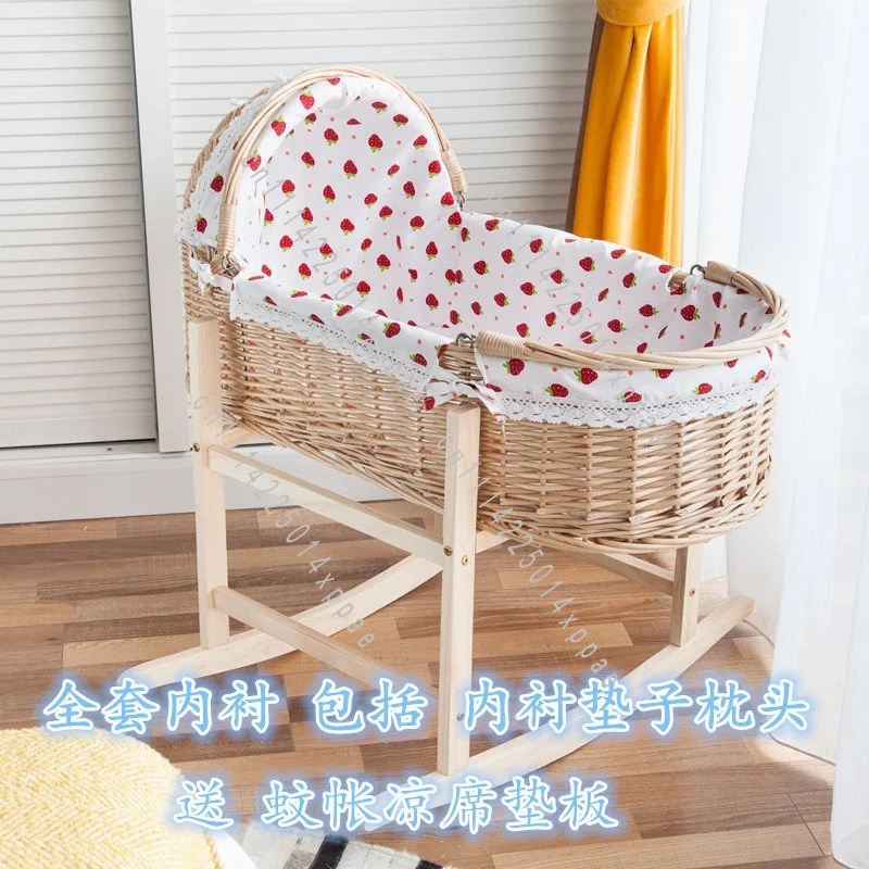 With Wooden Stand Soft Mattress For Handwoven Beige Crochet Baby Cradle Bassinet Portable Moses Basket Newborn Lounger