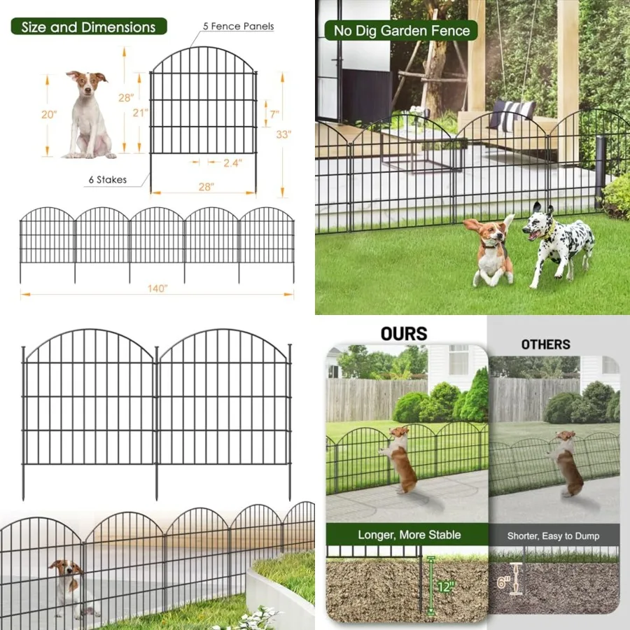

Metal Garden Fence 28in H x 11.7ft (L), 5 Panels + 6 Stakes Rustproof Border Fence Animal Barrier for Dog, No Dig Garden Fencin