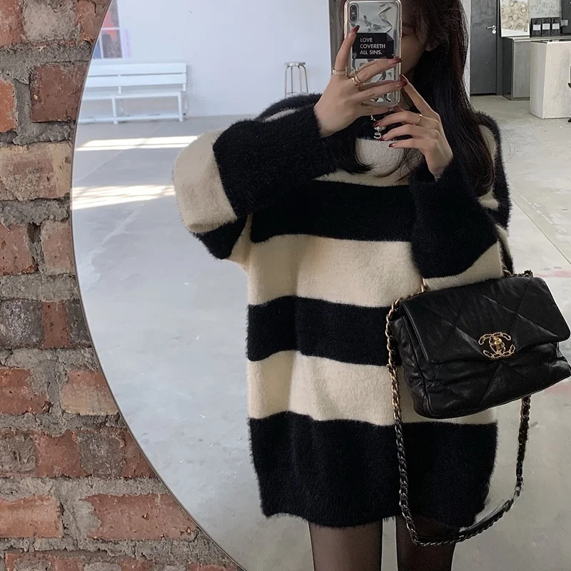 

Women's Autumn Winter New Mid-Length Striped Loose Knitted Mink Imitation Sweater