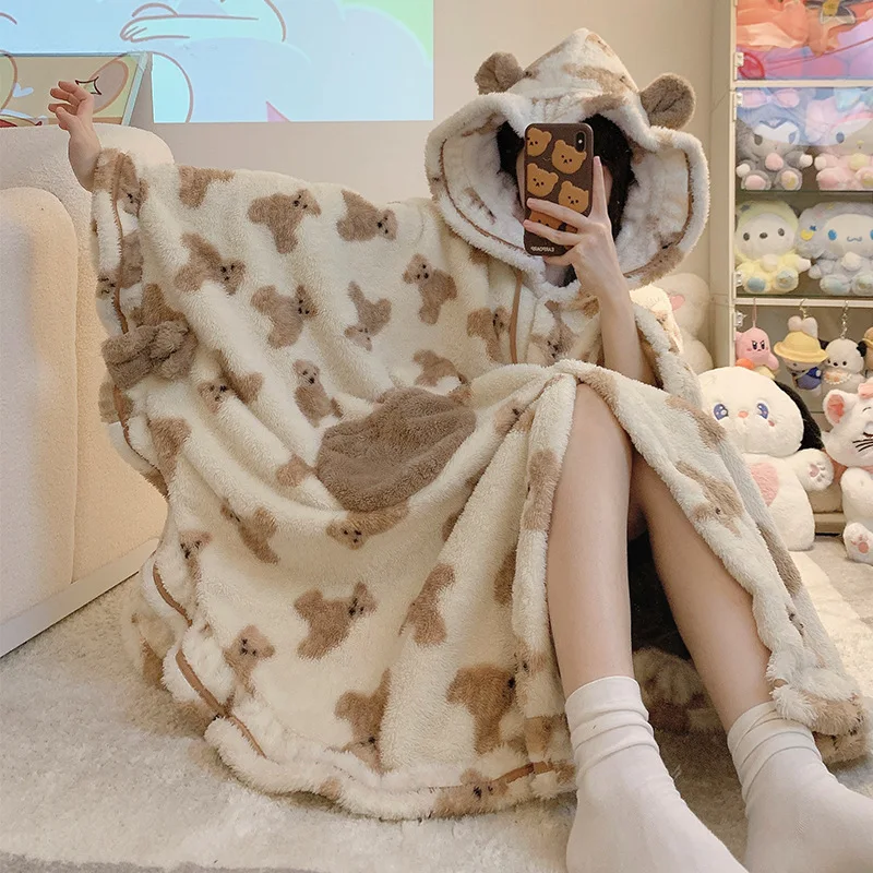 2023 New Nightgown Long Robe Women's Winter Coral Plush Thickened And Velvet Sleeve Printed Flannel Home Fur Can Be Outworn