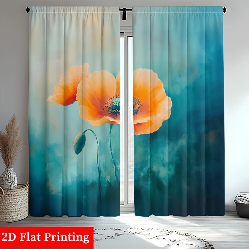 2pcs Orange Poppy Curtains 2D Flat Print Polyester Light Filtering Rod Pocket Living Room Bedroom