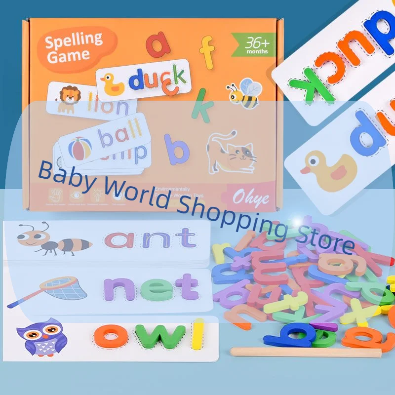 52개 아기 퍼즐 몬테소리 게임 28개 학습 카드 포함 영어 알파벳 철자 단어 나무 교육용 장난감 어린이용