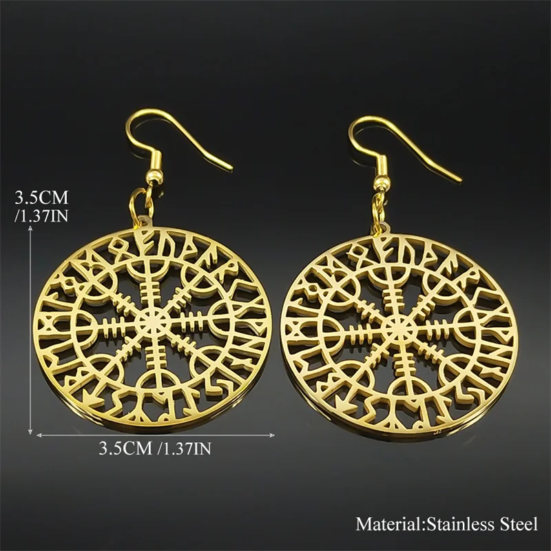 Norse Runes Viking Compass Earrings for Women Stainless Steel Gold Color Vegvisir Talisman Ear Hook Scandinavian Jewelry E7023S0