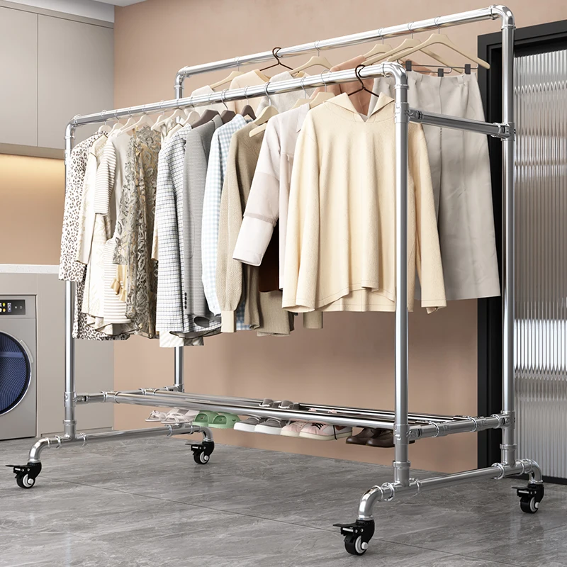 

Steel pipe drying rack Floor-to-ceiling bedroom hanger Outdoor household balcony Simple double rod mobile quilt rack Clothes rod