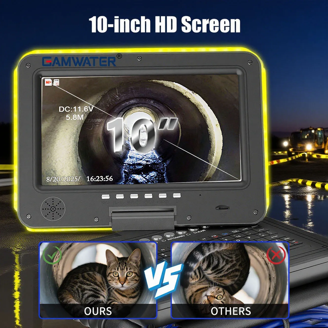 Caméra endoscopique rotative à 360° pour égouts, étanche IP68, AHD 1080P avec 12 LED lumineuses, batterie 4500 mAh, compteur et clavier, tube en fibre haute intensité et zoom 5X, vidéo et audio.