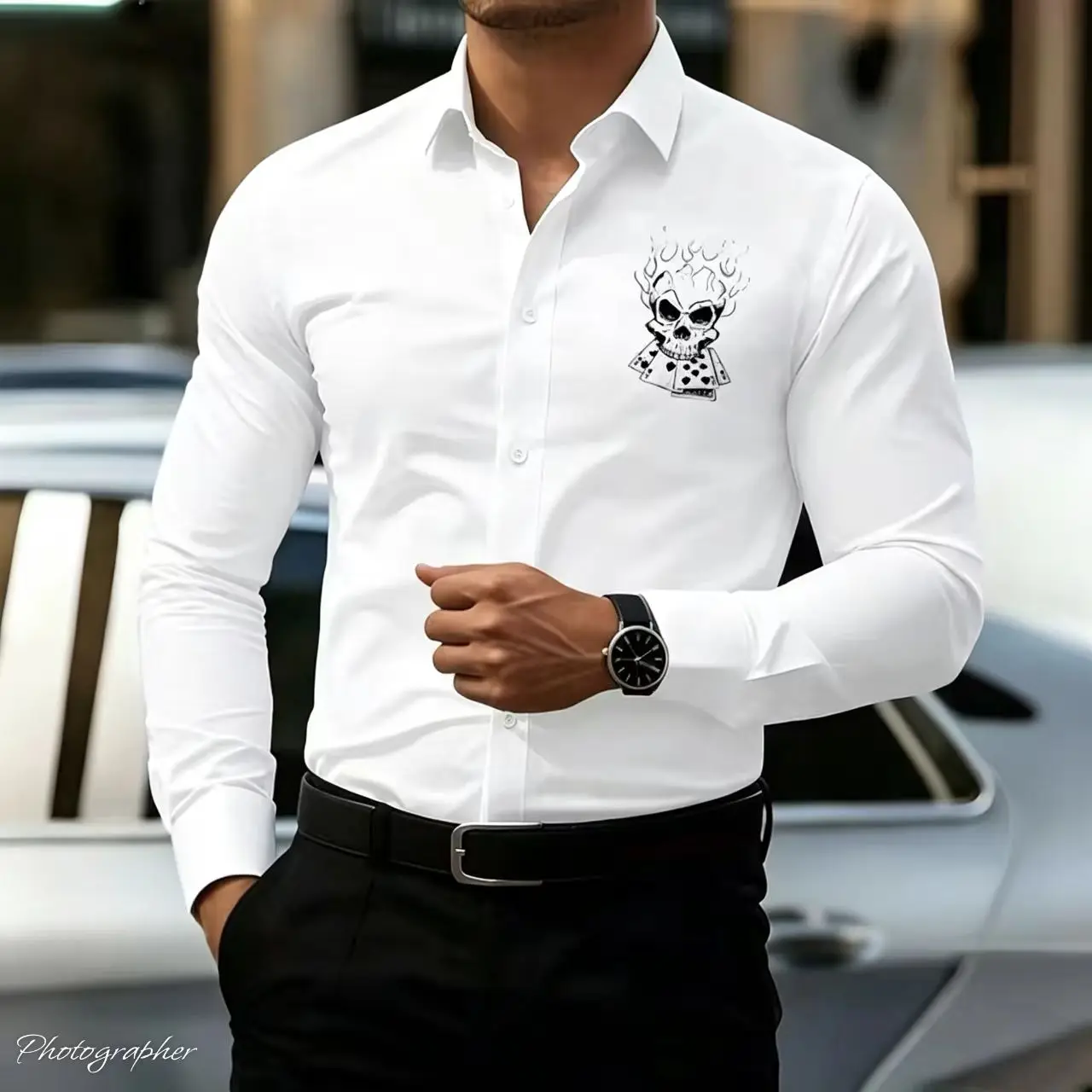Men's white long sleeved shirt with poker skull print design, suitable for outdoor casual and comfortable men's street shirt
