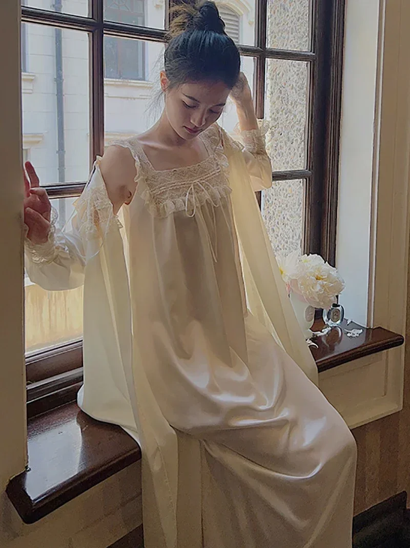 2024 Spring Summer New French Vintage Silk Princess Nightgown Lace Strap Two Piece Nightdress Morning Robe Victorian Sleepwear