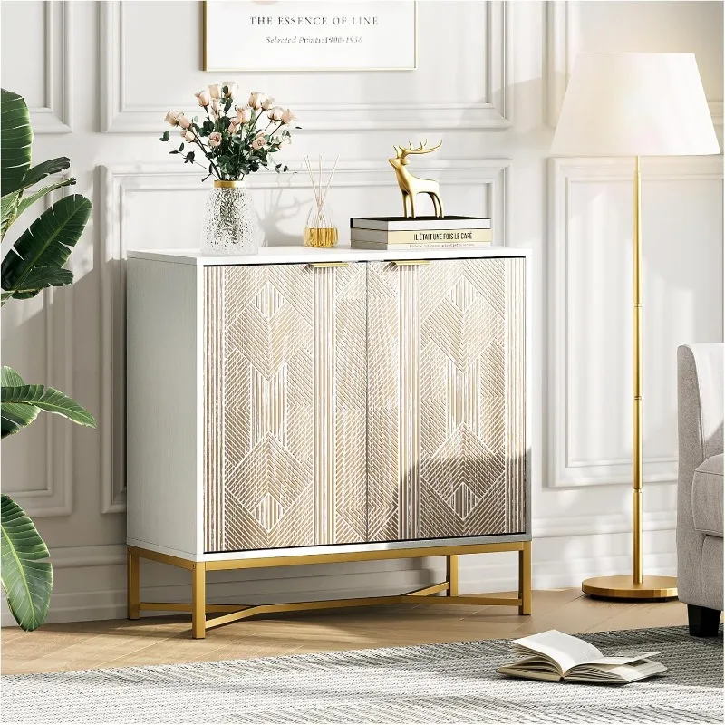 

Cabinet with storage and sideboard, carved decoration storage cabinet with gold legs, white, 1 piece