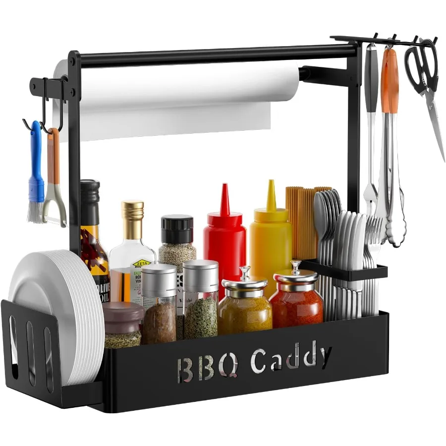 

Grill Caddy BBQ Caddy with Paper Towel Holder for Plate Cutlery Flatware Caddy Picnic Condiment Caddy with 4 Hooks Grill Utensi