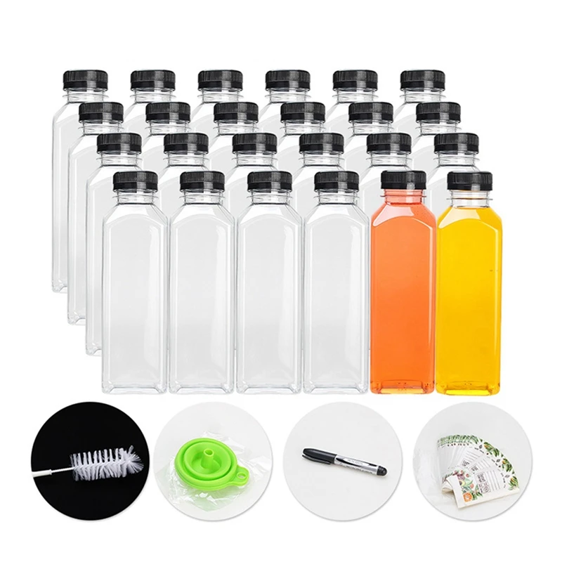 24Pcs 16Oz Plastic Juice Bottles With Caps Mini Clear Water Containers With Tamper Proof Lids Black