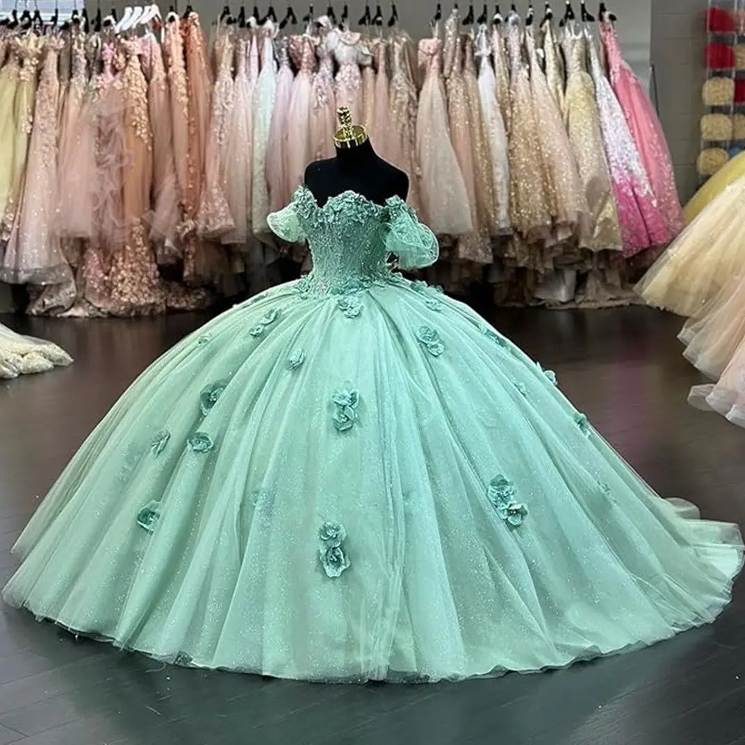 

Lorencia Mint Off The Shoulder Quinceanera Dress Ball Gown 3D Flowers Appliques Lace Corset Beading Vestidos Para XV Años YQD324