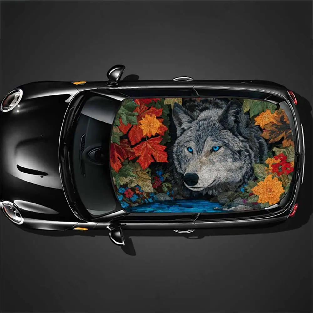 ملصق لفينيل سقف السيارة الكلاسيكي على شكل ذئب وزهرة، ملصق تلقائي، ديكور فني للمركبة، ملصق سيارة خارجي مقاوم للماء ذاتي اللصق #5