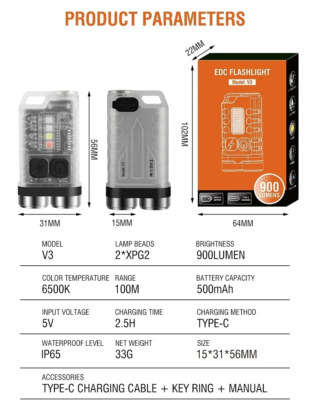 Linterna LED V3 EDC, Mini llavero portátil, linterna de bolsillo recargable de TYPE-C con imán, lámpara UV, linterna para acampar y pescar