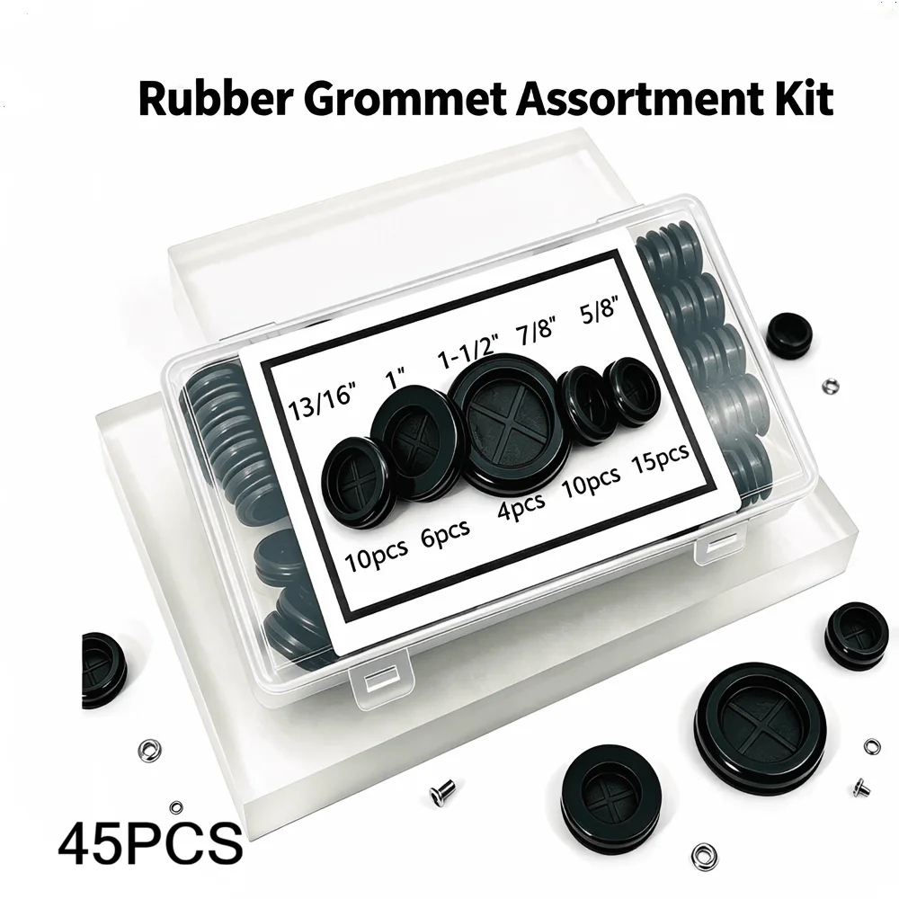 45Pcs Flame Retardant Insulating Black Rubber Grommet Kit Hole Sealing Plugs for  Industrial Household Electrical Wiring