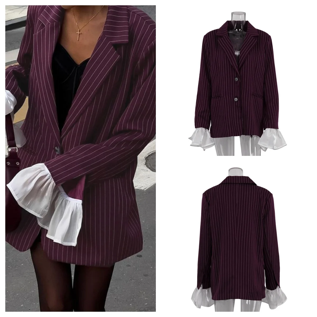 

2025 зимняя мода, свободный женский пиджак в винно-красную полоску, пальто с длинными рукавами и лацканами, элегантные пиджаки, верхняя женская одежда