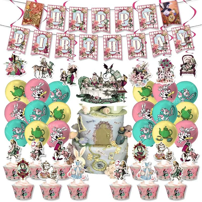 

Disney Vintage Alice in Wonderland Theme Pull Flag Spiral Cake Insert Balloon Birthday Party Decoration Arrangement Props