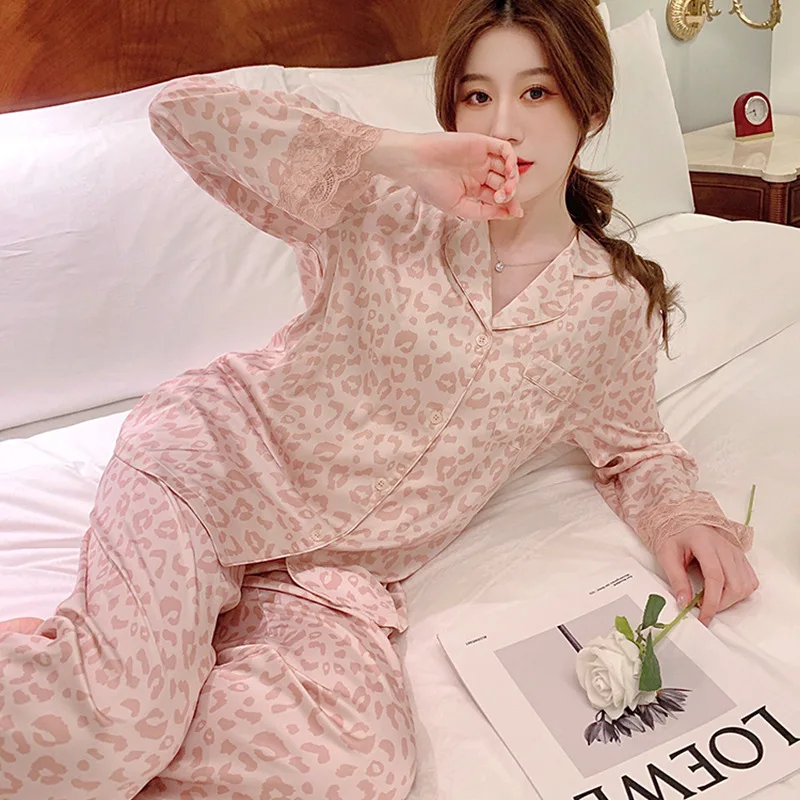 Pink Leopard Print Spring and Summer New Long-sleeved Cardigan Pajamas Women\'s Korean Ice Silk Casual Loungewear Set Pink Satin