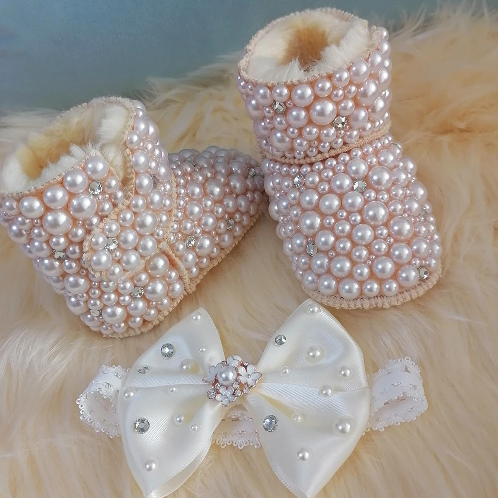 Handmade Bow Hairband Strass Baby Girl Botas de Neve Inverno Sapatos Pente Primeiro Walker Sparkle Bling Cristal Princesa Chuveiro Presente